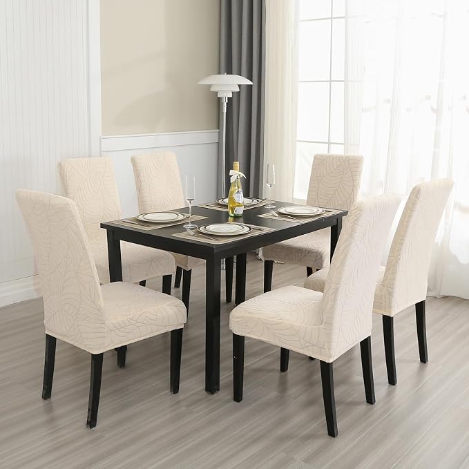 MOSAYT 100% Waterproof Dining Room Chair Covers Set of 6, Super Fit Stretch Jacquard Parson Chairs Slipcovers Removable Washable Chair Seat Protectors for Home, Kitchen, Banquet (Beige) - Image 7
