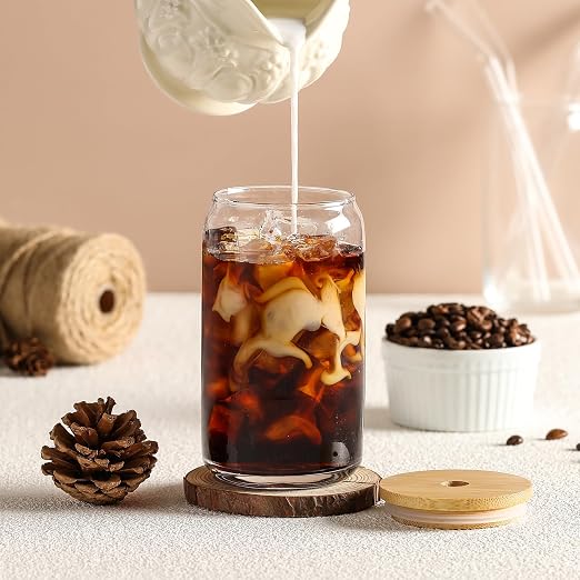 [ 12pcs Set ] Glass Cups with Bamboo Lids and Glass Straw - Beer Shaped Drinking Glasses, 16 oz Iced Coffee Glasses, Cute Tumbler Cup for Smoothie, Boba Tea, Whiskey, Water - 4 Cleaning Brushes - Image 7