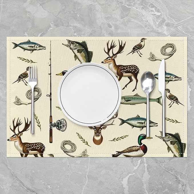Feelyou Hunting and Fishing Placemats Set of 4 Deer Hunting Table Mats Big Bass Pike Fish Place Mat for Kitchen Dining Table Party Decor Indoor Outdoor 18"x12" Non-Slip Easy to Clean - Image 2