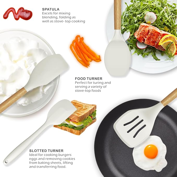 oannao Silicone Cooking Utensils Set - 446°F Heat Resistant Silicone Kitchen Utensils for Cooking,Kitchen Utensil Spatula Set w Wooden Handles for Non-Stick Cookware, BPA FREE (Cream White) - Image 3