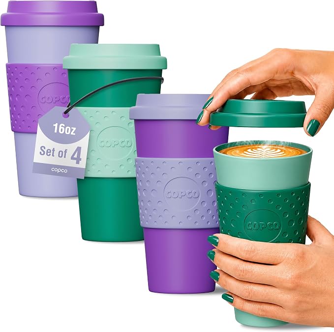 Copco Acadia 16oz Travel Mug, Set of 4 - Double Wall, Green & Purple | Spill-Resistant Lid, Ergonomic Design, Comfortable Handling, Ideal For Daily Commutes & On-The-Go Beverages by Copco
