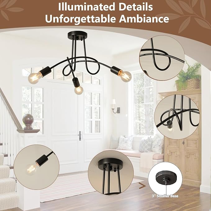 Modern Farmhouse Chandelier,22 Inch 3 Light Sputnik Semi Flush Mount Ceiling Light, Metal Black Rustic Light Fixture for Dining Room Bedroom Kitchen Hallway Entryway - Image 5