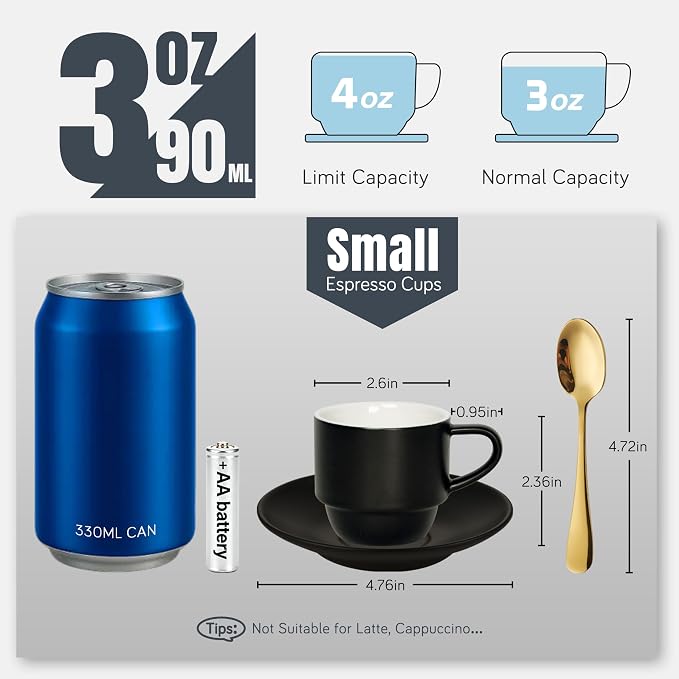 Lareina Porcelain 3-Ounce Espresso Cups Set of 6, Small Stackable Coffee Cups with Saucers, Spoons and Metal Stand - Ceramic Demitasse Mugs, Double Shots Expresso Cup, Matte Black - Image 3