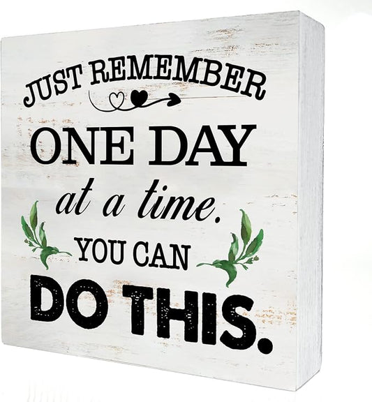 Just Remember One Day at a Time Wood Box Sign Home Decor Rustic Inspirational You Can Do It Wooden Box Sign Block Plaque for Wall Tabletop Desk Home Office Decoration 5" x 5" by HDKY