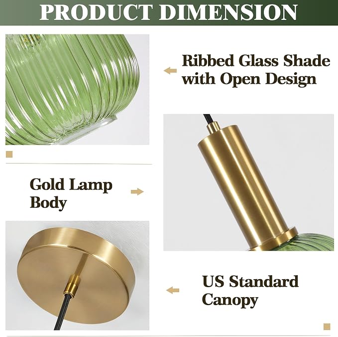 KCO Small Brushed Brass Gold 7.9” Vintage Green Ribbed Glass Pendant Light | E26 Base, Mid Century Modern Adjustable Hanging Light Fixture for Sloped Ceiling Kitchen Island Sink Bedroom Dining Hallway - Image 3