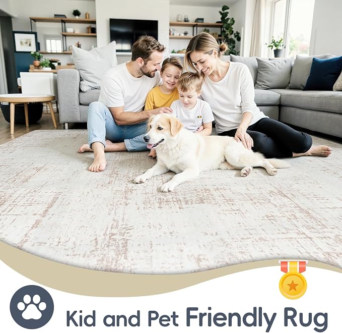 9x12 Washable Area Rug for Living Room Bedroom: Non-Slip Modern Beige White | Machine Washable TPR Backing, Stain-Resistant Low Pile, Pet & Kid Friendly, Abstract Decor for Dining Room, Dorm, Home Office - Image 6