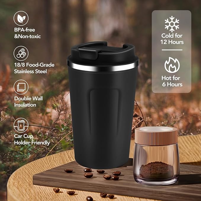 Volhoply 12 oz Double Wall Insulated Vacuum Travel Coffee Mug with Flip Lid Bulk 4 Pack,Reusable Stainless Steel Leak Proof Coffee Cups,Portable Cafe Thermal Tumbler for Hot & Cold Drinks(Black,4 Set) - Image 5
