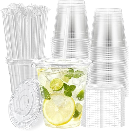 Lamosi 100 Pack 12 oz Clear Plastic Cups with Lids and Straws, Disposable Plastic Coffee Cups with Lids for Iced Coffee, Cold Beverages, Smoothies and To-Go Drinks