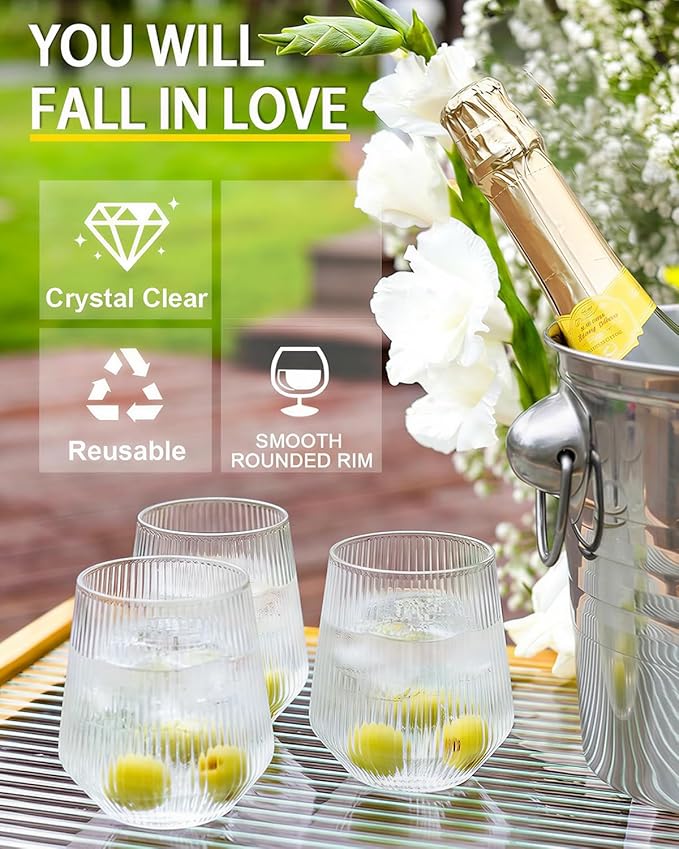 40 Pack Plastic Wine Glasses, 12 Oz Disposable Cocktail Whiskey Glasses | Ribbed Stemless Champagne Margarita Glasses, Clear Unbreakable Reusable Plastic Cups for Party Wedding Birthday - Image 6