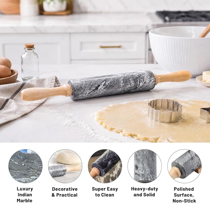 Marble Rolling Pin, Non-Stick Polished Dough Roller, Pasta, Dumpling, Ravioli, Fondant,Pie Crust, Kitchen Baking Pastry Tools Grey Marble - Image 4