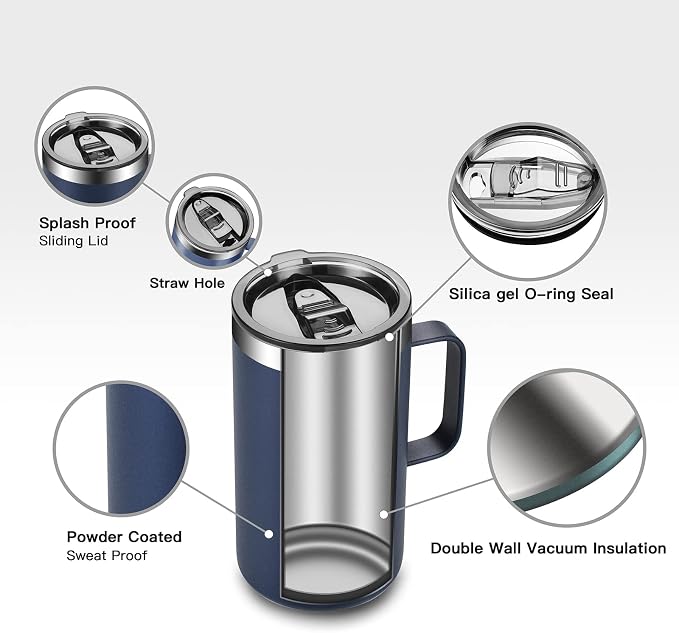 KXIAOCHEN 2-Pack 20 oz Insulated Coffee Mugs, Coffee Cups with Wide Handles | 18/8 stainless steel, sliding lids, 6+ hours hot or 12+ hours cold, wide mouth, no-sweat, for office, home, camping and gifts - Image 6