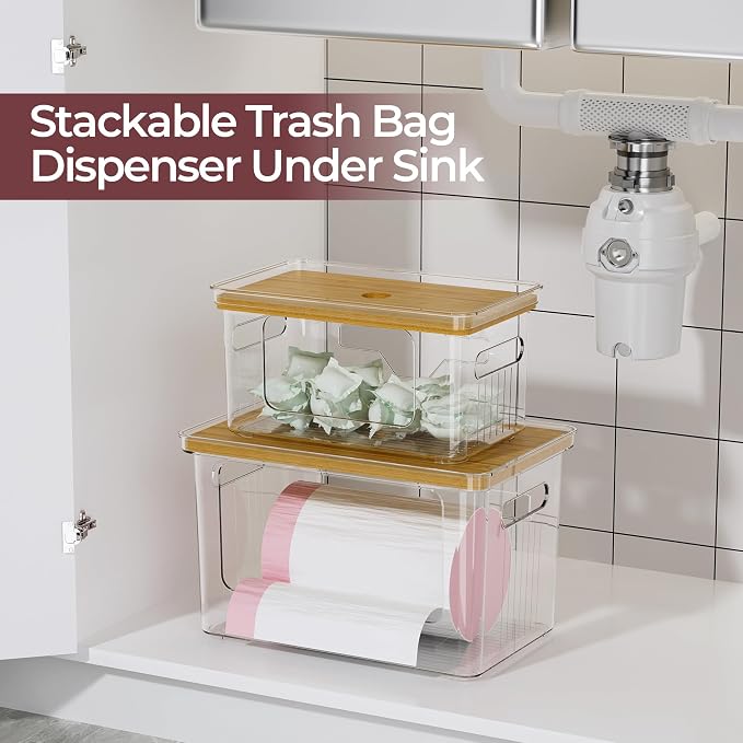 Delamu 2 Pack (XL+S) Trash Bag Dispenser, Stackable Garbage Bag Holder | Clear Acrylic Organizer Bins for Under Sink Organization, Pantry Storage, Cabinet, Kitchen, Laundry, Bathroom - Image 7