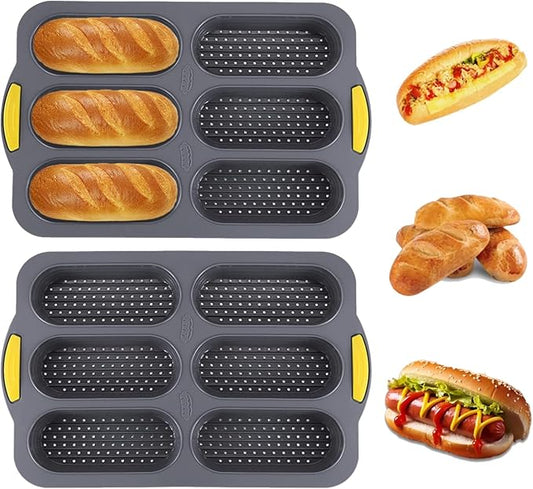 6-Cavity Silicone Baguette Bread Pan, Non-stick French Bread & Hot Dog Bun Mold, Foldable Loaf Pan Baking Tool for Hoagie Homemade Rolls, Dishwasher Safe,Easy Release, Local Stock- 2 Pack Gray