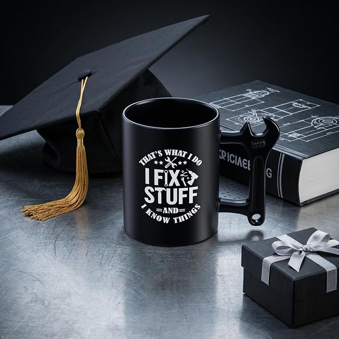 LOZACHE Funny Dad Coffee Mug with Wrench Handle – “That’s What I Do, I Fix Stuff And I Know” Mug for Men, Unique Father’s Day Birthday Graduation Gift for Him Dad Grandpa Husband Mechanic - Image 4