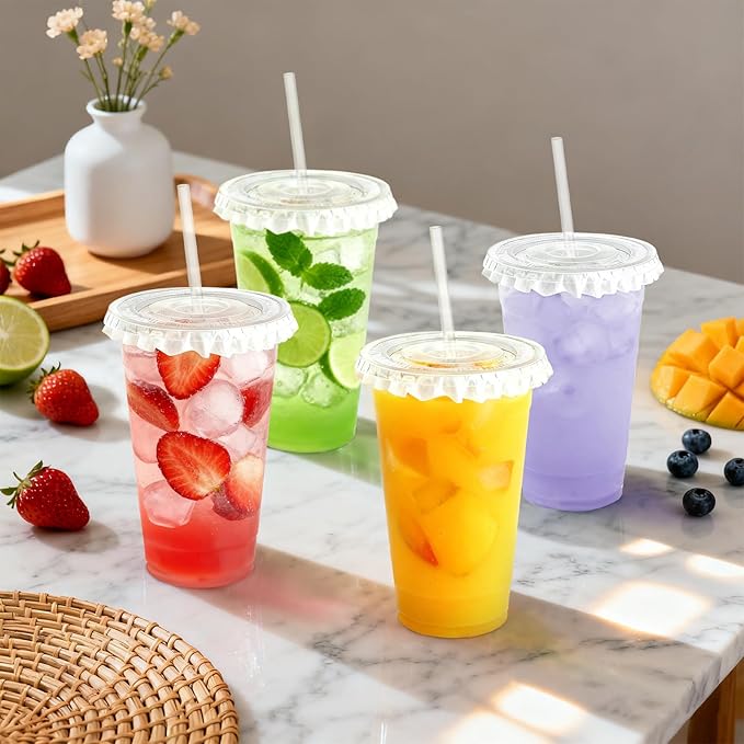 Lamosi 50 Pack 24 oz Clear Plastic Cups with Lids and Straws, Disposable Plastic Coffee Cups with Lids for Iced Coffee, Cold Beverages, Smoothies and To-Go Drinks