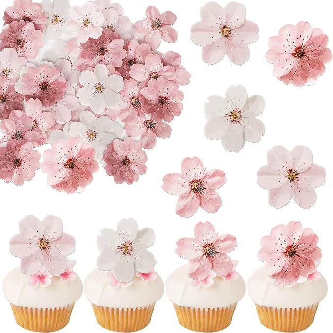60Piece Edible Cherry Blossom Cake Toppers, Pre-Cut Wafer Paper Flowers in Assorted Sizes for Cupcakes, Baby Showers, Weddings, Birthdays and Spring Parties by KSINWCOI