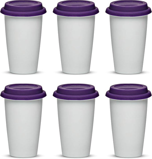 DISCOUNT PROMOS 11 oz. Double Wall Ceramic Tumblers with Lid - 6 Pack - Purple