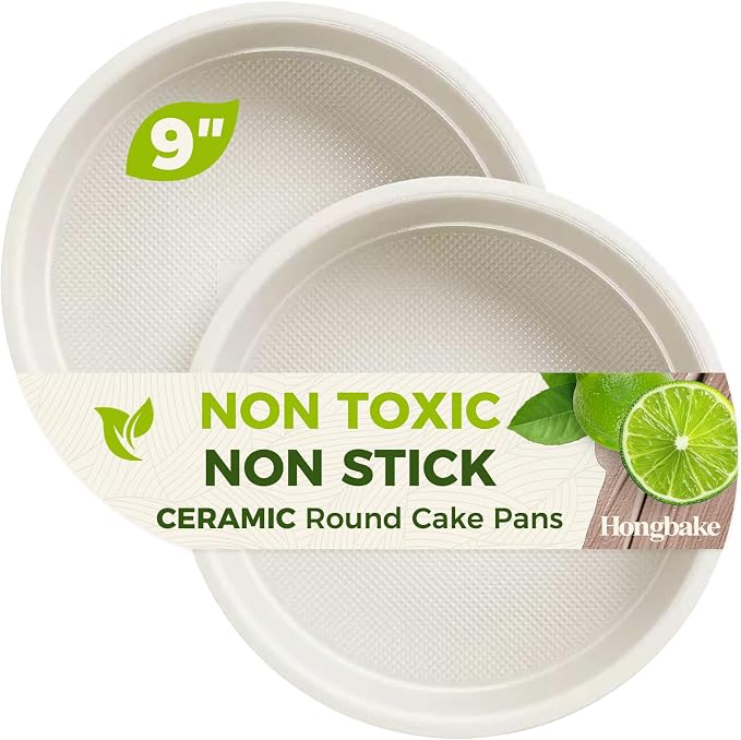 Ceramic Nonstick 9” Round Cake Pans, Heavy-Duty Aluminized Steel | Non-Toxic 9 Inch Round Cake with Diamond Texture, Cake Pans 9 Inch Round for Baking Cheesecake, Cream, 2-Pack by HONGBAKE