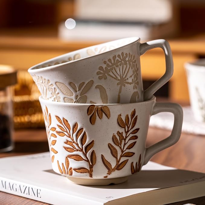 Ceramic Mugs 11 oz Unique Luxurious Cups Set of 4 with Premium Spoon, Mug for Coffee Milk Latte Cappuccino Tea, for Office Home Dishwasher Birthday Gift Microwave Freezer Safe Stoneware Mixed - Image 5