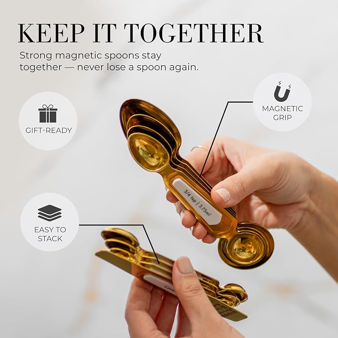 Styled Settings White and Gold Measuring Spoons with Leveler, 8-Piece | Dual-Sided, Stackable, Stainless Steel Magnetic Measuring Spoons Set - Fits in Spice Jars, White and Gold Kitchen Accessories - Image 3