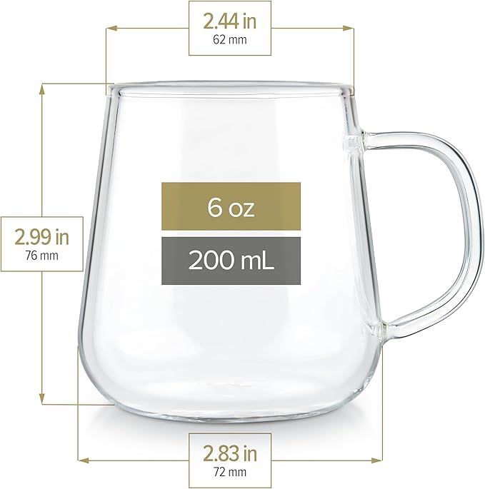 Teabloom Set of 2 Premium Borosilicate Glass Cups for Tea or Coffee - 6 Ounces / 180 ml - Stain-free and Microwave Safe