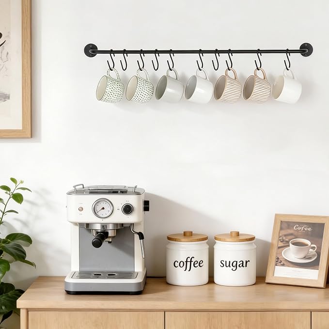 Mkono Wall Mounted Mug Holder, Coffee Cup Hanger Rack with 10 Hooks, 1 Pack | Kitchen Rod, Space Saving, Easy Assembly, Wall & Under Cabinet, Durable Metal, Kitchen Dining Bar Organizer, Multi-Function - Image 3