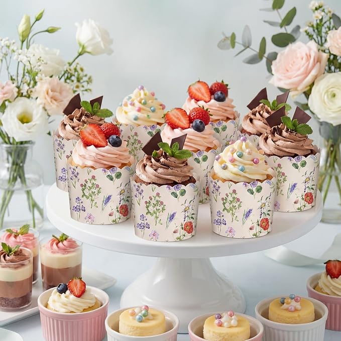 Qinyoung 150 Pcs Purple Lavender Wildflower Paper Baking Cups Vintage Purple Floral Cupcake Wrappers Liner Disposable Flower Muffin Case for Spring Summer Wedding Baby Shower Birthday Tea Party Decor - Image 4