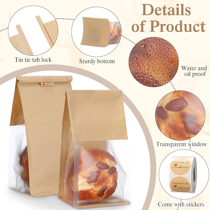 Fullhawl 250 Pcs Bakery Bags with Window, Kraft Paper Cookie Bags with Tin Tie for Sourdough, Pastry, Homemade Baked Goods, Storage Packaging (9.5 x 3.9 x 3.5 Inch) - Image 2