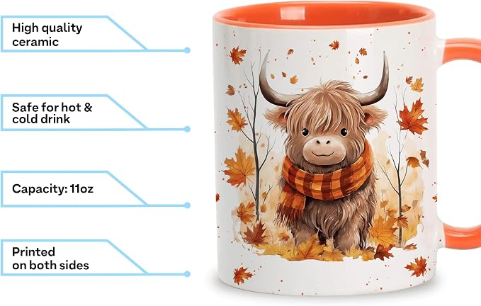 Hyturtle Fall Highland Cow Maple Leaves Coffee Mug Gifts For Cow Lovers | Fall Autumn Decor, Thanksgiving Gift, Premium 11oz White Ceramic Mug, Print on Both Sides, Perfect for Hot or Cold Coffee Tea - Image 3