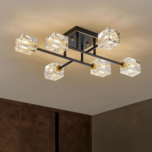 24" Black and Gold Crystal Semi Flush Mount Ceiling Light Modern 6-Light Sputnik Chandelier Luxury Light Fixture for Kitchen Island Entryway Dining Room Living Room by PoemoonLighting