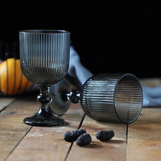 Taganov Water Goblets set of 6 Vintage Glassware 13 oz Colored Wine Glass Drinking Glass Vertical Line Embossed Pattern Stemmed Cups for Wedding Party Bar Grey - Image 9