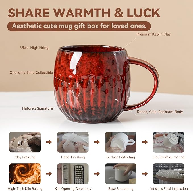 Crimson Surge Ceramic Coffee Mug - 21 oz Unique Reactive Glaze Coffee Cup with Large Handle, Aesthetic Cute Mug for Men Women Desk Gift Box - Image 5