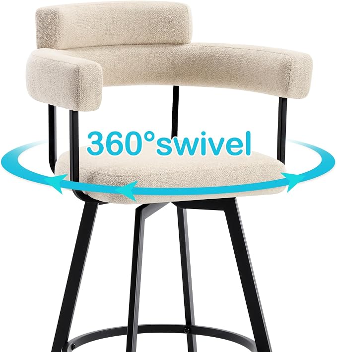 Flouki Swivel Bar Stools with Backs and Arms, Modern Bar Stools Set of 2 for Kitchen Island, 26" Upholstered Linen Counter Height Bar Stools for Kitchen Counter, Dining Room, Beige - Image 5