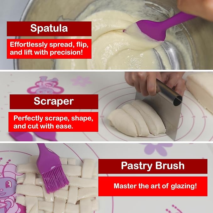 Silicone Baking Mat Gift Set – XL Non-Stick Pastry Mat with Rolling Pin, Dough Scraper, Spatula & Brush | Perfect Christmas Baking Kit for Cookies, Pies & Holiday Treats | Gift-Ready Box
