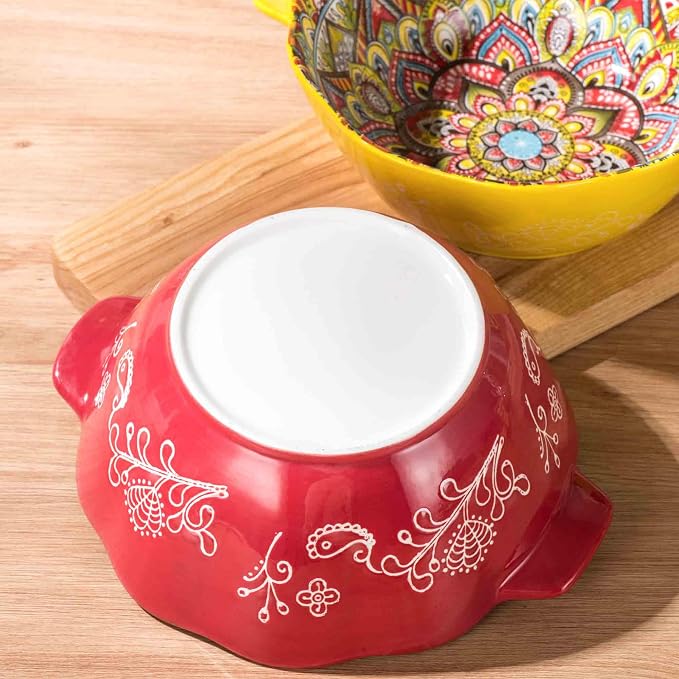 Henten Home Bohemia Large Bowls with Handle, 49 oz Ceramic Soup Bowl Set of 2, Porcelain Pho Bowl, Floral Noodle Bowls Set for Kitchen, Ramen, Udon, Microwave & Dishwasher Safe - Image 7