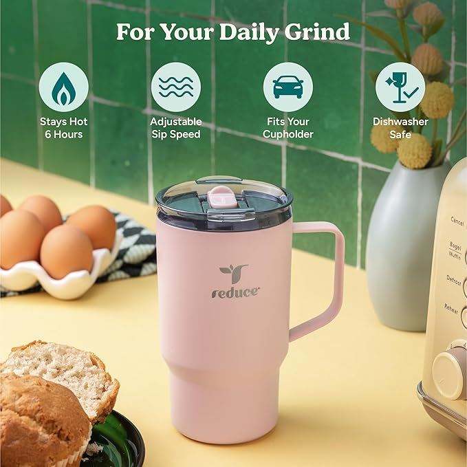 REDUCE 18 oz Hot1 Stainless Steel Insulated Mug with Temperature Adjusting Lid - Dual-Wall Vacuum, Cupholder Friendly - Keeps Drinks Hot for 6 Hours - Ideal for Coffee, Tea & Other - Pink Salt - Image 3