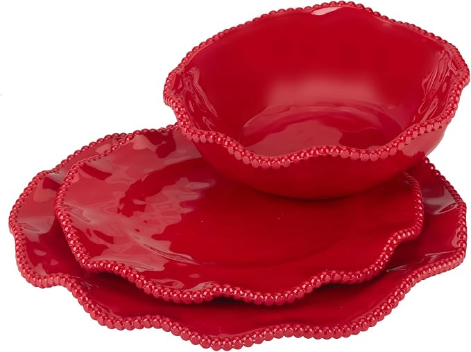 Perlette Red Melamine Dinnerware Set – 12-Piece Scalloped Plates & Bowls, Vibrant Glossy Finish, Elegant Beaded Rim, Durable & Lightweight – Service for 4, Indoor/Outdoor Use - Image 3
