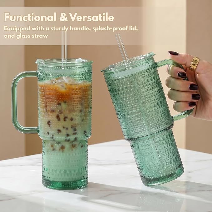 20 oz Green Glass Tumbler with Lid and Straw, Glass Iced Coffee Cups, Spill-proof Glasses Tumbler with Handle, Glasses Drinking Set of 4, Vintage Glassware for Cocktail, Smoothies - Image 3