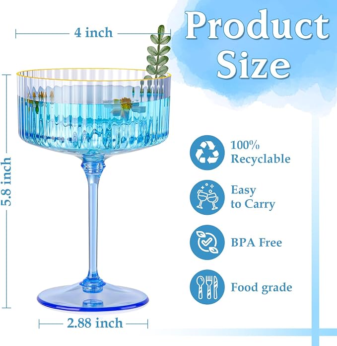 12 PCS Plastic Champagne Coupe Cup Ocean Blue Ribbed Coupe Glasses 10oz Detachable Gold Rim Espresso Martini Glass Vintage Margarita Glassware Cocktail Glass Set for Baby Shower Hanukkah - Image 5