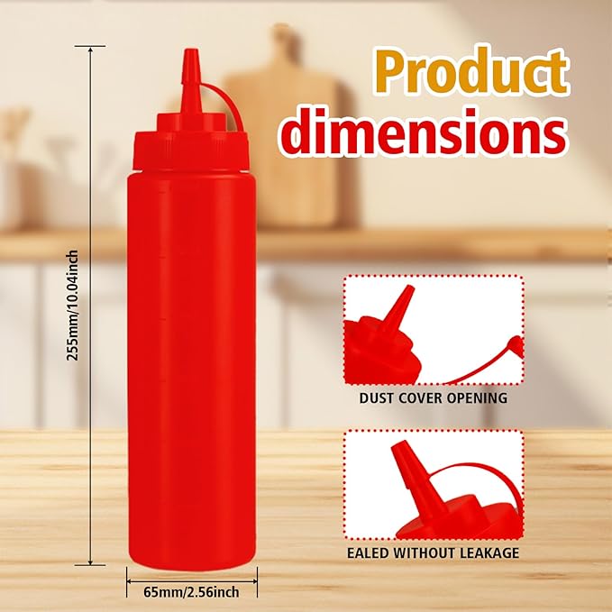 Squeeze Bottles for Sauces,Leak-Proof Condiment Dispenser, BPA-Free Kitchen Restaurant Squeeze Bottle Set with Wide Mouth for Ketchup, Mustard,Syrup,Dressings (Red, 4Pack-24oz(600ml))