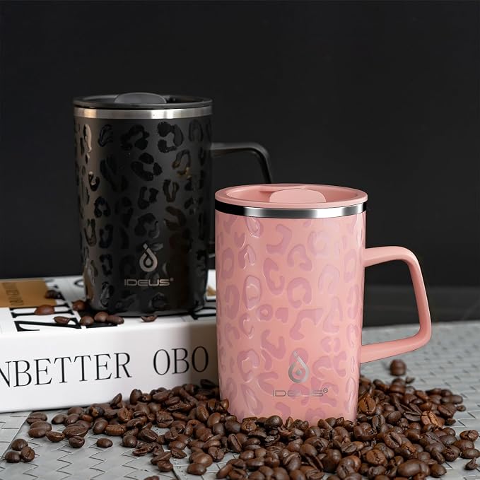 Ideus 16 oz Insulated Stainless Steel Coffee Mug with Lid, Leopard Pink | Perfect for home, office, or daily use| Easy to clean wide mouth| Sweat-proof| On the go - Image 9