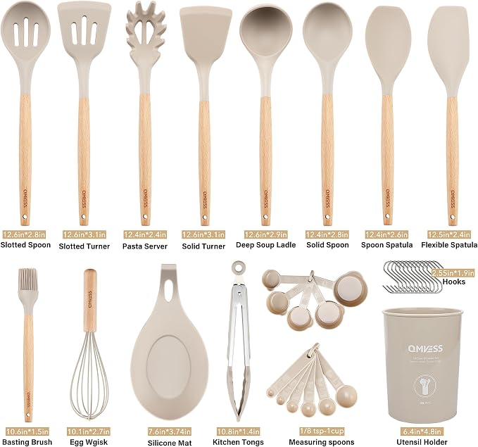 QMVESS Silicone Kitchen Utensils Set, 35 Pcs Non-Stick Cooking Utensils Set, Sturdy Insulation Wooden Handle Kitchen Accessories for Cooking with Spatula Set and Spoons Set Gadgets (Khaki) - Image 7