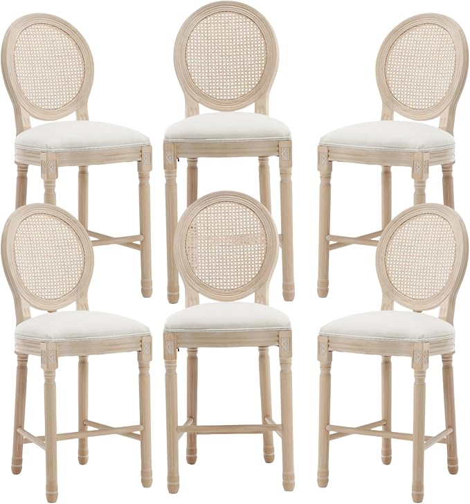 French Country Barstool, Linen Farmhouse Counter Height Chair | Set of 6, with Rattan Round Back and Solid Wood Legs, Oval Chairs for Restaurant, Bar, Kitchen, Café, Beige by RCDDFurniture