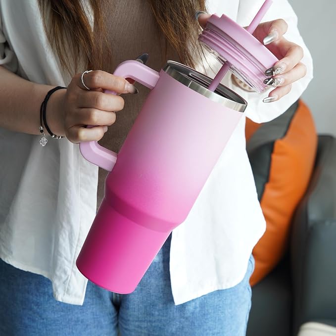 Konokyo 30 oz Insulated Tumbler Water Bottle with Handle, Straw Lid | BPA-free and dishwasher safe; made for gym, travel, coffee and gifting, 2 straws, cup holder friendly,Day Night - Image 5