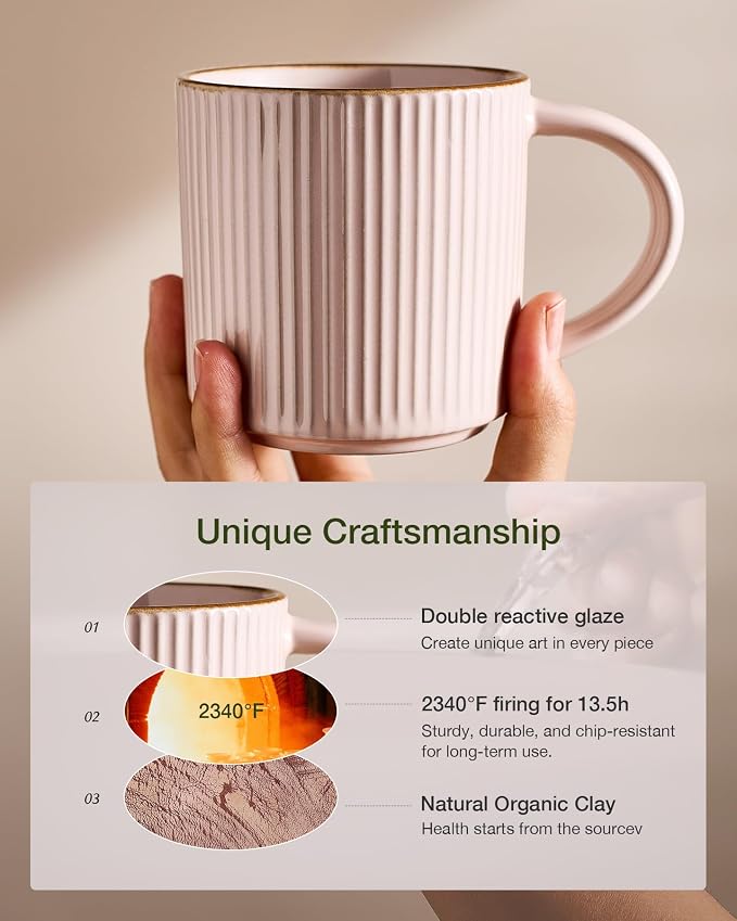 famiware Star Coffee Mug Set for 4, Handcrafted 12 oz Ceramic Stoneware Mugs Cup Set, Chip-Resistant & Stackable, Dishwasher/Microwave Safe, Light Pink - Image 5
