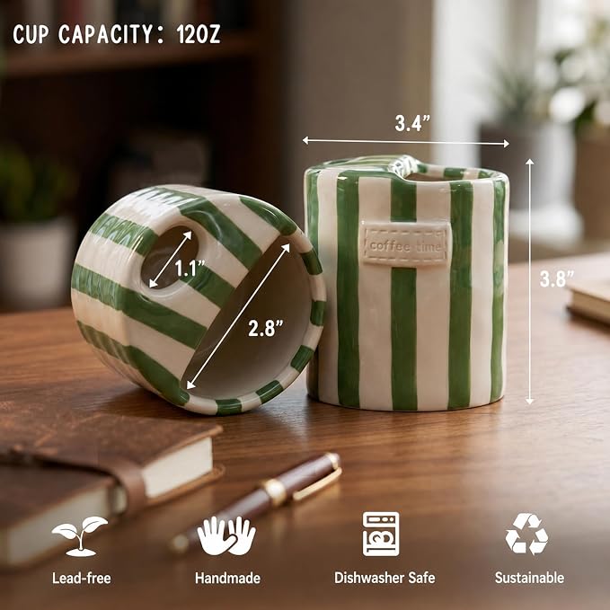 Ceramic Coffee Mug with Lid, Ceramic Travel Mug with Straw Hole, 12oz Retro Striped To Go Coffee Mug for Hot & Cold Drinks, Microwave & Dishwasher Safe，Green - Image 5