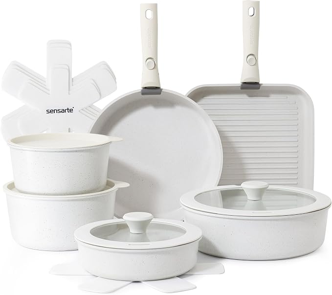 SENSARTE 17 Piece Nonstick Detachable Handle Pots and Pans Set White | Removable Handle Cookware Set, Induction Cookware Set with Removable Handle, Healthy Non Stick for RV, Dishwasher ＆ Oven Safe by SENSARTE