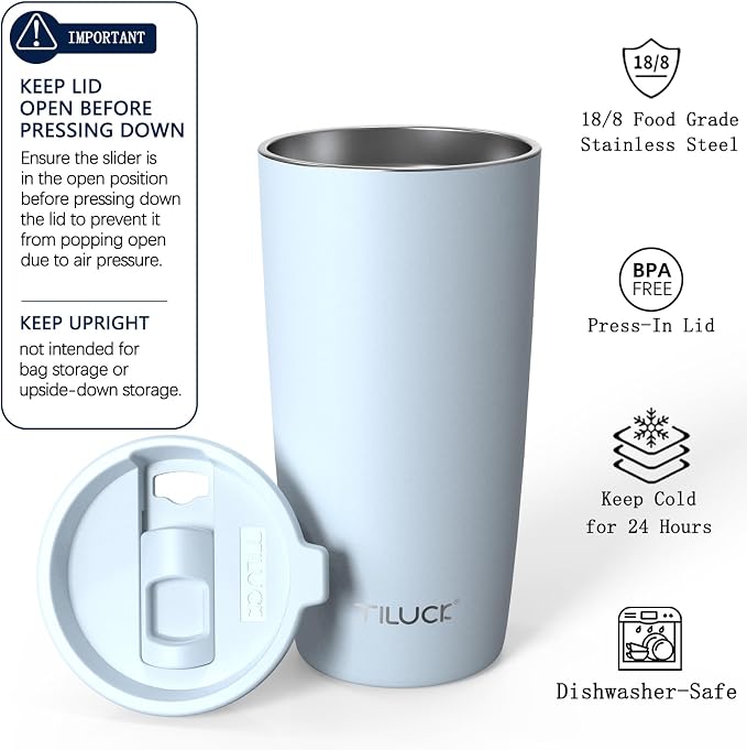 TILUCK 20 oz Insulated Coffee Tumbler with BPA-Free Lid | Travel Coffee Mug, Dishwasher Safe, Cup Holder Friendly, Double-Wall Vacuum Insulation for Hot & Cold Drinks,MatteLightBlue - Image 2