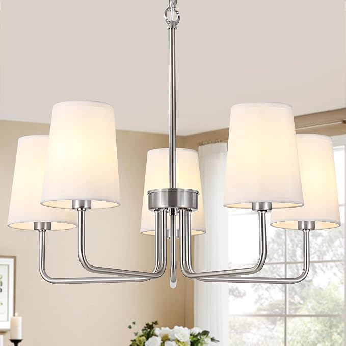 Modern Brushed Nickel 5-Light Chandelier, Farmhouse Industrial Dining Room Light Fixture Over Table with White Fabric Shade, Hanging Pendant Lighting for Kitchen Island Bedroom Living Room Entryway by kveosv