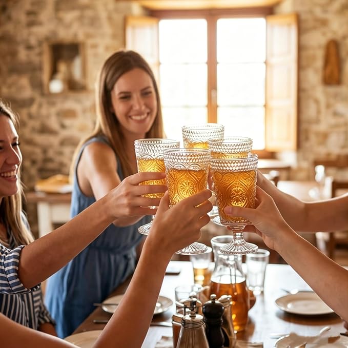 ZAVOOS Set of 6 Clear Glass Goblet, 12 Oz Vintage Romantic Wine Glasses | Embossed Floral Glass Cups Set, Bar Tumbler Drinking Glassware for Iced Tea, Wine, Beer, Juice, Cocktail, Whiskey - Image 7